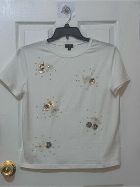 White Embellished Short Sleeve Tee with Floral Sequins - Ladies